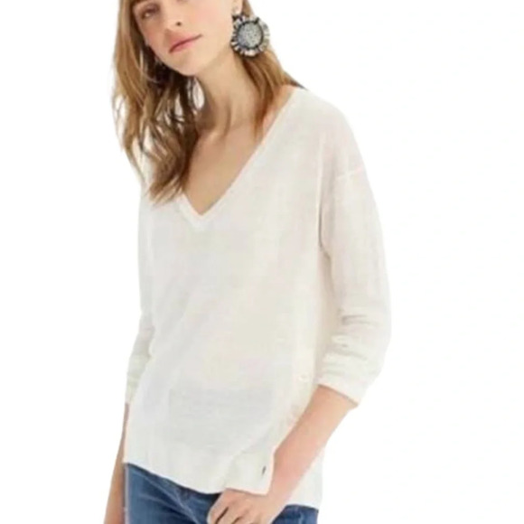 J Crew White Linen Blend V Neck Long Sleeves Side Buttons Sweater size XS - Picture 2 of 8